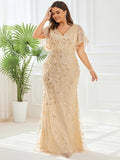 Plus Size Mermaid V-Neck Sequin Appliques Short Sleeves Evening Dress