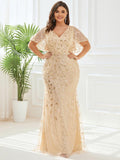 Plus Size Mermaid V-Neck Sequin Appliques Short Sleeves Evening Dress