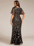 Plus Size Mermaid V-Neck Sequin Appliques Short Sleeves Evening Dress