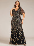 Plus Size Mermaid V-Neck Sequin Appliques Short Sleeves Evening Dress