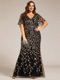 Plus Size Mermaid V-Neck Sequin Appliques Short Sleeves Evening Dress