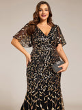 Plus Size Mermaid V-Neck Sequin Appliques Short Sleeves Evening Dress