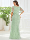 Plus Size Mermaid V-Neck Sequin Appliques Short Sleeves Evening Dress