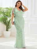 Plus Size Mermaid V-Neck Sequin Appliques Short Sleeves Evening Dress