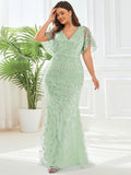 Plus Size Mermaid V-Neck Sequin Appliques Short Sleeves Evening Dress