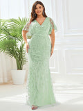 Plus Size Mermaid V-Neck Sequin Appliques Short Sleeves Evening Dress