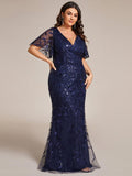 Plus Size Mermaid V-Neck Sequin Appliques Short Sleeves Evening Dress