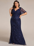 Plus Size Mermaid V-Neck Sequin Appliques Short Sleeves Evening Dress