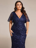 Plus Size Mermaid V-Neck Sequin Appliques Short Sleeves Evening Dress