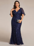 Plus Size Mermaid V-Neck Sequin Appliques Short Sleeves Evening Dress