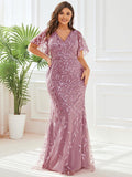 Plus Size Mermaid V-Neck Sequin Appliques Short Sleeves Evening Dress