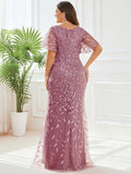 Plus Size Mermaid V-Neck Sequin Appliques Short Sleeves Evening Dress