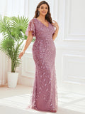 Plus Size Mermaid V-Neck Sequin Appliques Short Sleeves Evening Dress