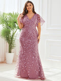 Plus Size Mermaid V-Neck Sequin Appliques Short Sleeves Evening Dress