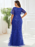 Plus Size Mermaid V-Neck Sequin Appliques Short Sleeves Evening Dress