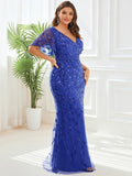 Plus Size Mermaid V-Neck Sequin Appliques Short Sleeves Evening Dress
