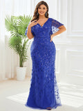 Plus Size Mermaid V-Neck Sequin Appliques Short Sleeves Evening Dress