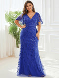 Plus Size Mermaid V-Neck Sequin Appliques Short Sleeves Evening Dress