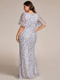 Plus Size Mermaid V-Neck Sequin Appliques Short Sleeves Evening Dress