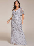 Plus Size Mermaid V-Neck Sequin Appliques Short Sleeves Evening Dress