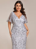 Plus Size Mermaid V-Neck Sequin Appliques Short Sleeves Evening Dress