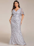 Plus Size Mermaid V-Neck Sequin Appliques Short Sleeves Evening Dress