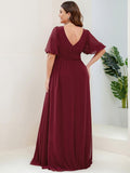 A-Line V-Neck Short Sleeves Pleated Chiffon Evening Dress with Slit
