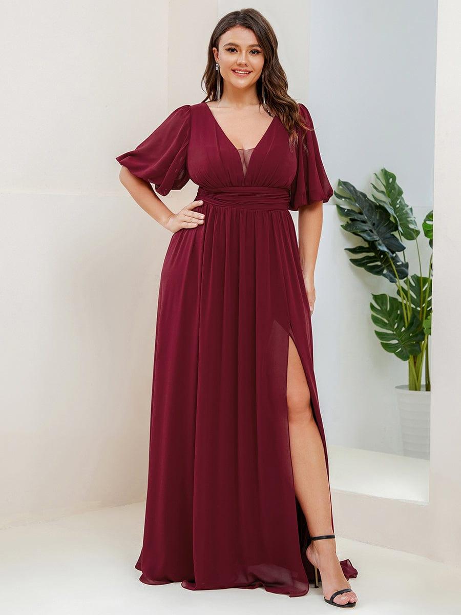 A-Line V-Neck Short Sleeves Pleated Chiffon Evening Dress with Slit