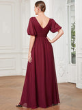 A-Line Chiffon Illusion V-Neck Puffy Sleeves Evening Dress with Slit