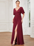 A-Line Chiffon Illusion V-Neck Puffy Sleeves Evening Dress with Slit
