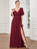 A-Line Chiffon Illusion V-Neck Puffy Sleeves Evening Dress with Slit