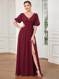A-Line Chiffon Illusion V-Neck Puffy Sleeves Evening Dress with Slit