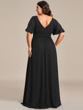 A-Line V-Neck Short Sleeves Pleated Chiffon Evening Dress with Slit