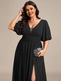 A-Line V-Neck Short Sleeves Pleated Chiffon Evening Dress with Slit