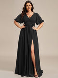 A-Line V-Neck Short Sleeves Pleated Chiffon Evening Dress with Slit