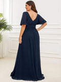 A-Line Chiffon Illusion V-Neck Puffy Sleeves Evening Dress with Slit