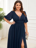 A-Line Chiffon Illusion V-Neck Puffy Sleeves Evening Dress with Slit