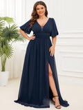 A-Line Chiffon Illusion V-Neck Puffy Sleeves Evening Dress with Slit