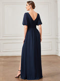 A-Line Chiffon Illusion V-Neck Puffy Sleeves Evening Dress with Slit