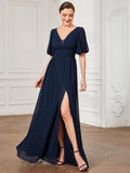 A-Line Chiffon Illusion V-Neck Puffy Sleeves Evening Dress with Slit