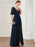 A-Line Chiffon Illusion V-Neck Puffy Sleeves Evening Dress with Slit