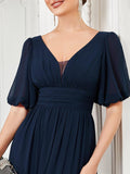 A-Line Chiffon Illusion V-Neck Puffy Sleeves Evening Dress with Slit