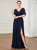 A-Line Chiffon Illusion V-Neck Puffy Sleeves Evening Dress with Slit