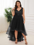 Plus Size A-Line Sleeveless V-Neck Tulle High Low Ruffles Evening Dress