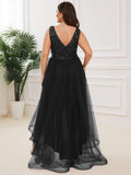 Plus Size A-Line Sleeveless V-Neck Tulle High Low Ruffles Evening Dress
