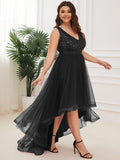 Plus Size A-Line Sleeveless V-Neck Tulle High Low Ruffles Evening Dress