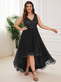Plus Size A-Line Sleeveless V-Neck Tulle High Low Ruffles Evening Dress