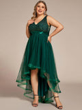 Plus Size A-Line Sleeveless V-Neck Tulle High Low Ruffles Evening Dress