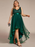 Plus Size A-Line Sleeveless V-Neck Tulle High Low Ruffles Evening Dress