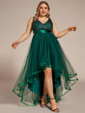 Plus Size A-Line Sleeveless V-Neck Tulle High Low Ruffles Evening Dress